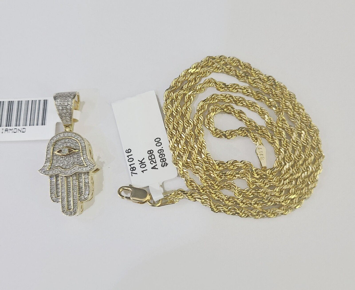 10k Yellow Gold & Diamond Hamsa Hand Charm and 18" inches Rope Chain