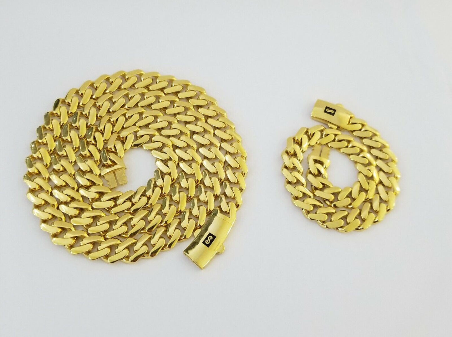 Real 10k Gold Miami Cuban Link Royal 9mm Monaco chain and Bracelet Set ,Necklace