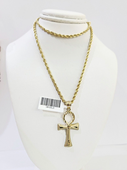 10k Gold Rope Chain & Ankh Cross Charm Pendent SET 3mm 26Inches Necklace