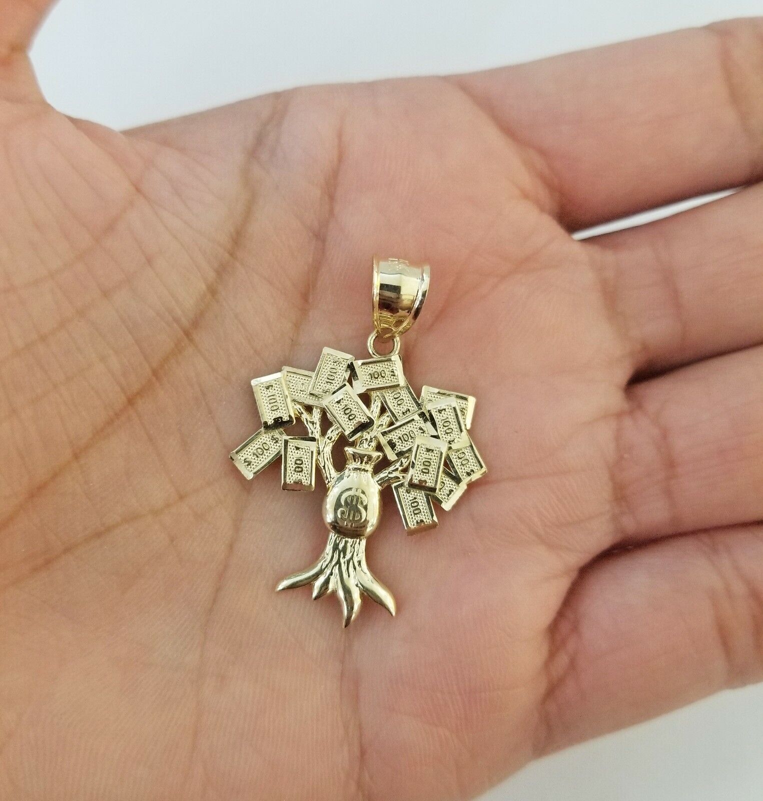10K Yellow Gold Money Tree Pendant Diamond Cut, 10KT Real Gold $100 Si ...