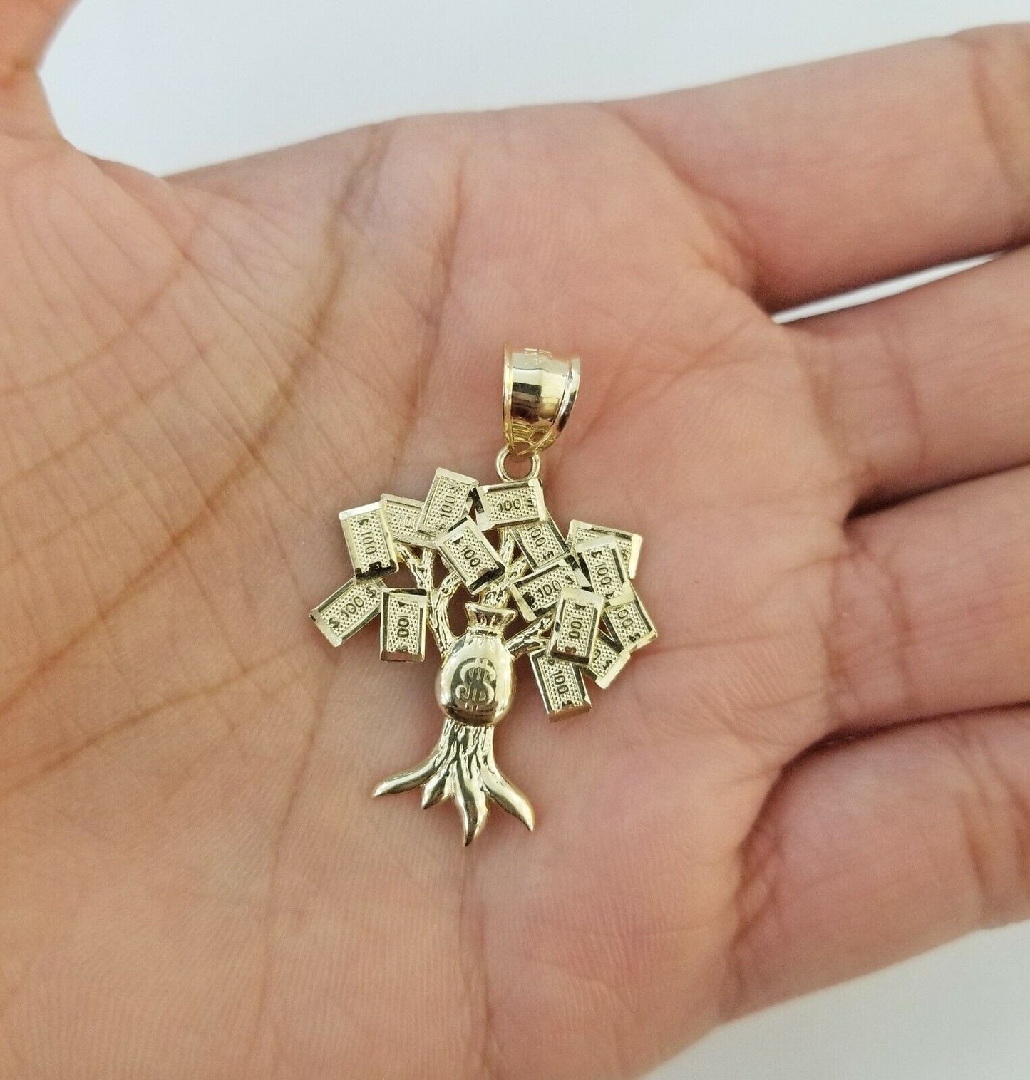 10K Yellow Gold Money Tree Pendant Diamond Cut, 10KT Real Gold $100 Sign Bag