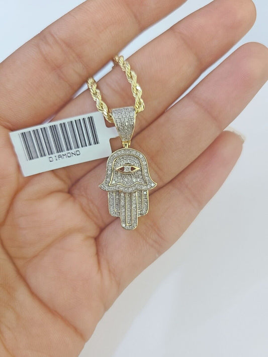 10k Yellow Gold & Diamond Hamsa Hand Charm and 22" inches Rope Chain