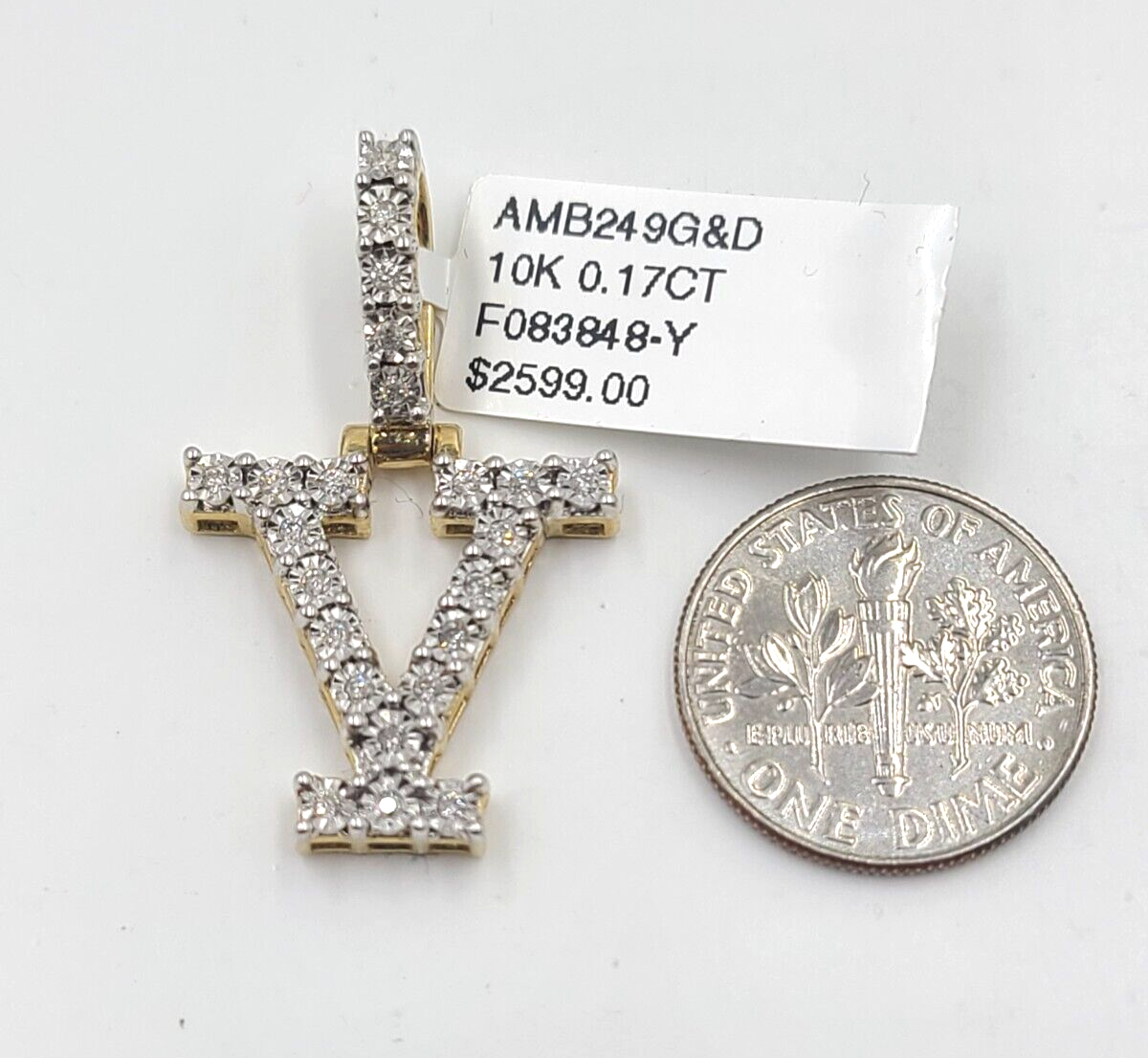 Real 10k Gold & Diamond Letter "V" Initial Alphabet Charm/Pendant 1.25".