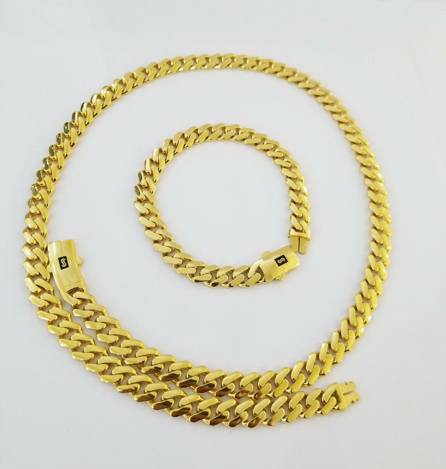 Real 10k Gold Miami Cuban Link Royal 9mm Monaco chain and Bracelet Set ,Necklace