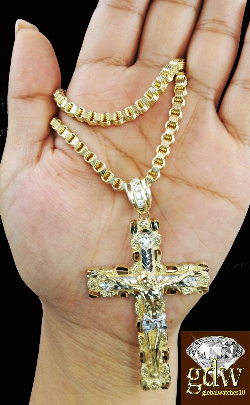 Real 10k Yellow Gold Jesus Cross Charm Pendant with 26 Inch Byzantine Chain