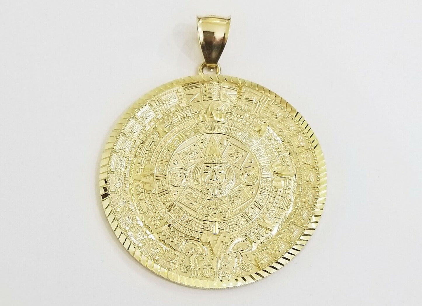 10k Real Gold Aztec Calendar Pendant Charm 3mm 20" 22" 24"  Franco Chain