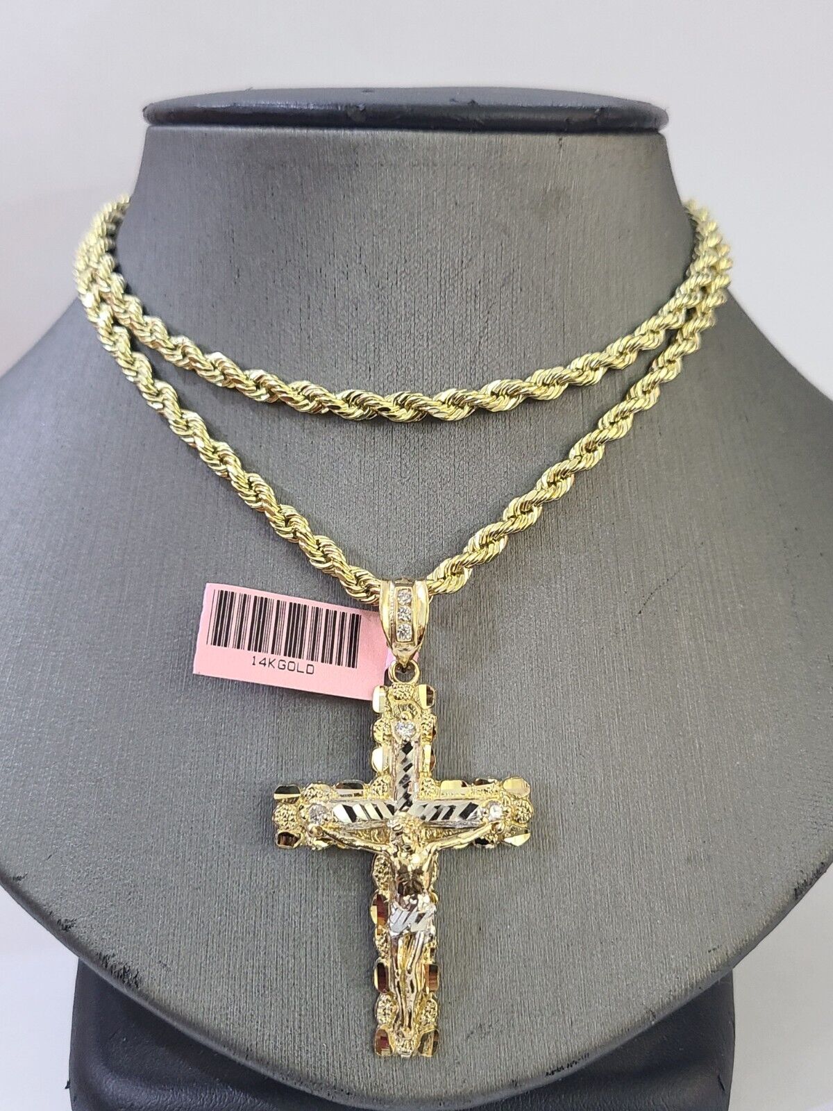 14k Yellow Gold Rope Chain & Jesus Nugget Cross Charm SET 3mm 20 Inches Necklace