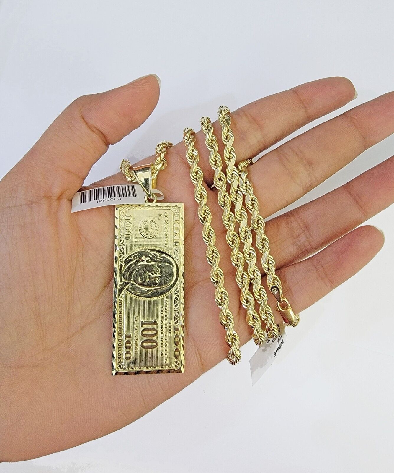 10K Yellow Gold Rope Chain 100 Dollar Charm Diamond Cut Men's Women's