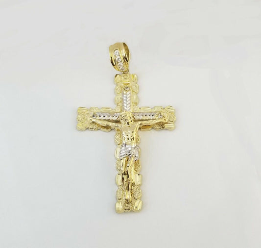 Mens Real10K Gold Nugget Cross Pendant Diamond Cut,10kt yellow Gold Charm