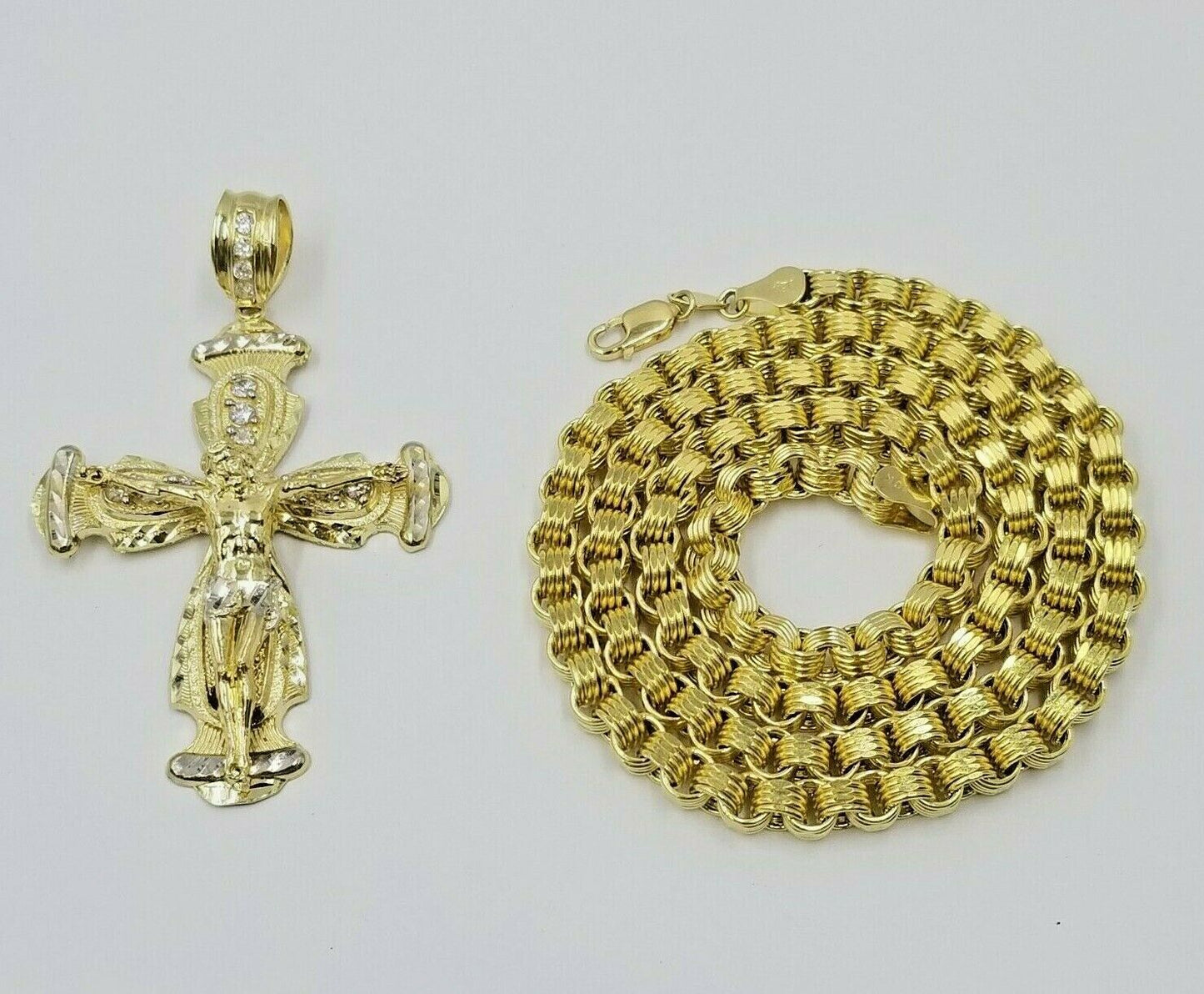 10k Gold Jesus Cross Charm Byzantine Chain 24" Necklace Real 10k Yellow Gold SET