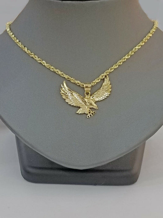 10k Gold Men Eagle Charm Pendant 2.5mm Rope Chain 18" 20" 22" 24" 26" 28"