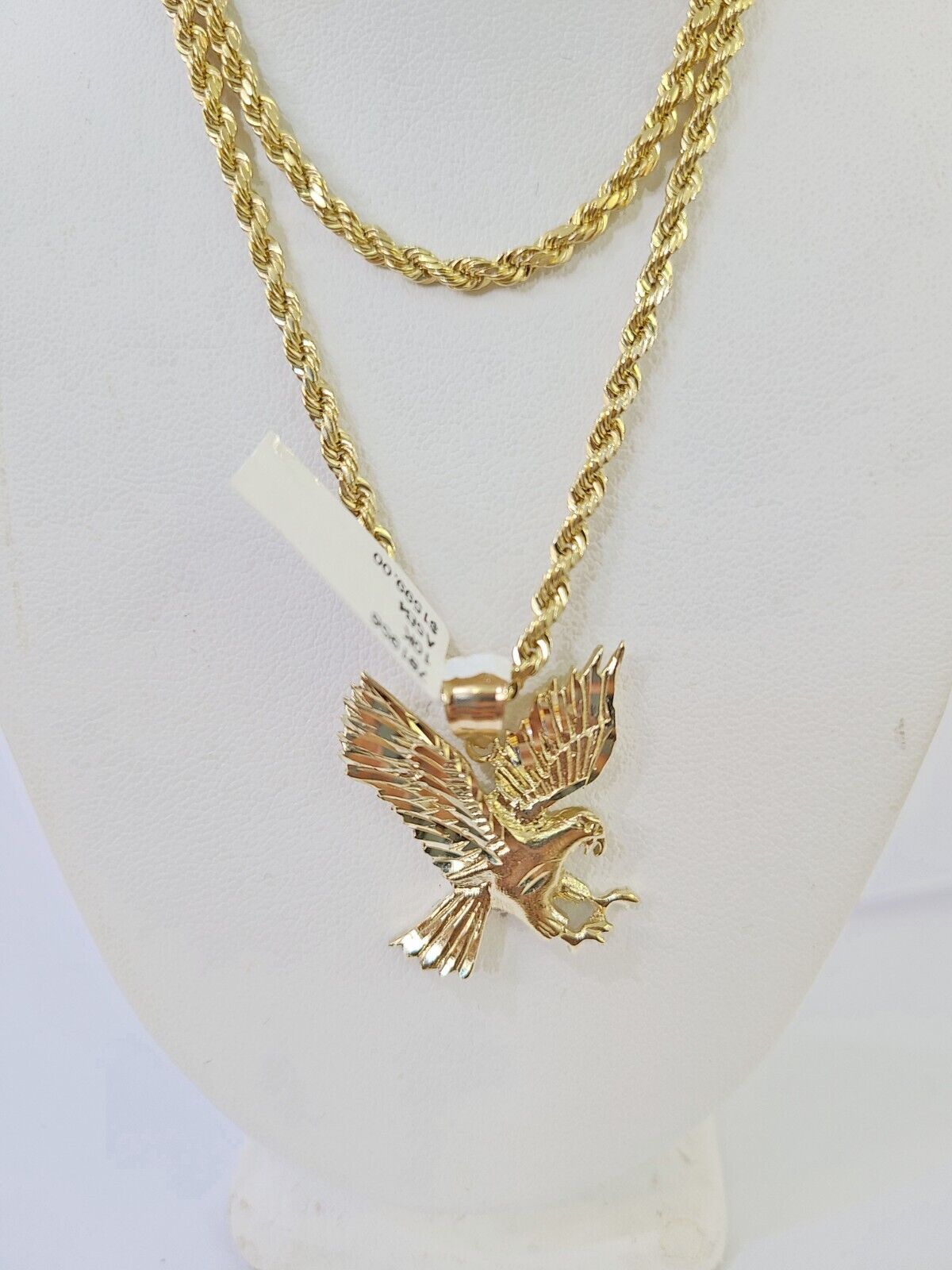 10k Gold Flying Eagle Pendant Rope Chain 3mm 20'' Necklace Set Real Genuine