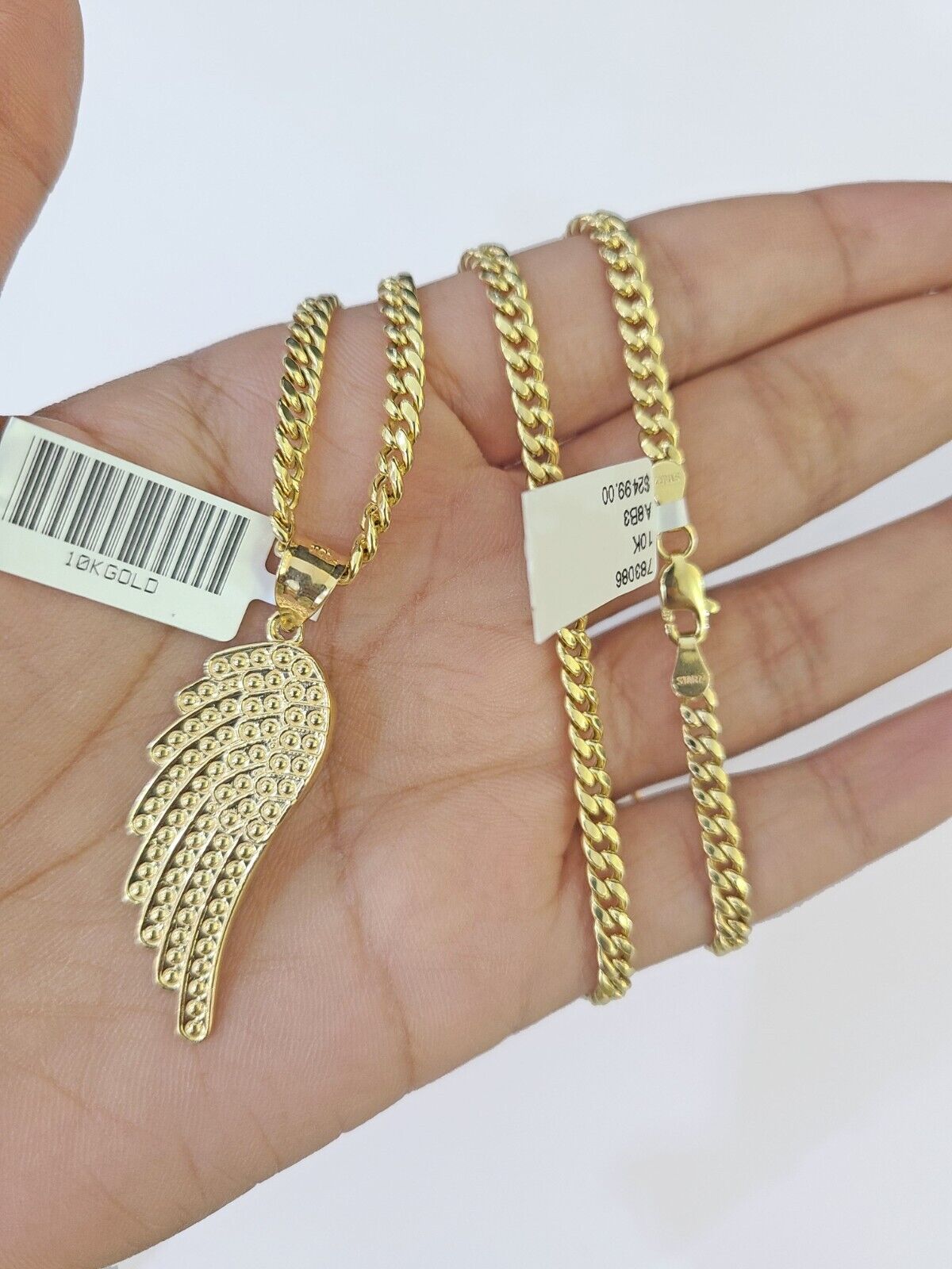 10k Yellow Gold Miami Cuban Chain & Wings Charm  Pendent SET 3mm 22 Inches