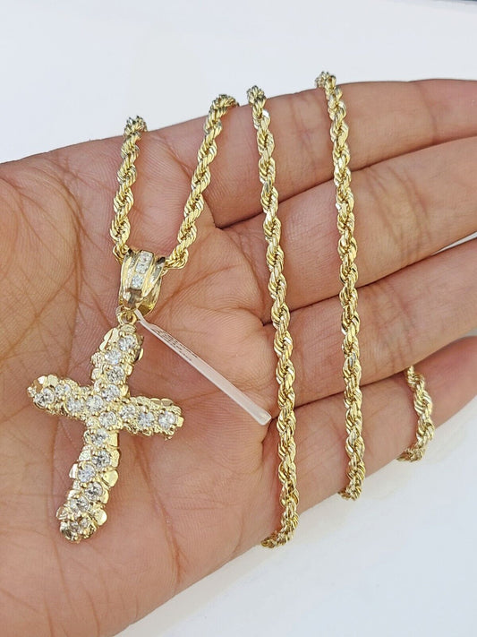 10k Gold Rope Chain & Cross Charm Pendent SET 3mm 22 Inches Necklace , Real 10kt