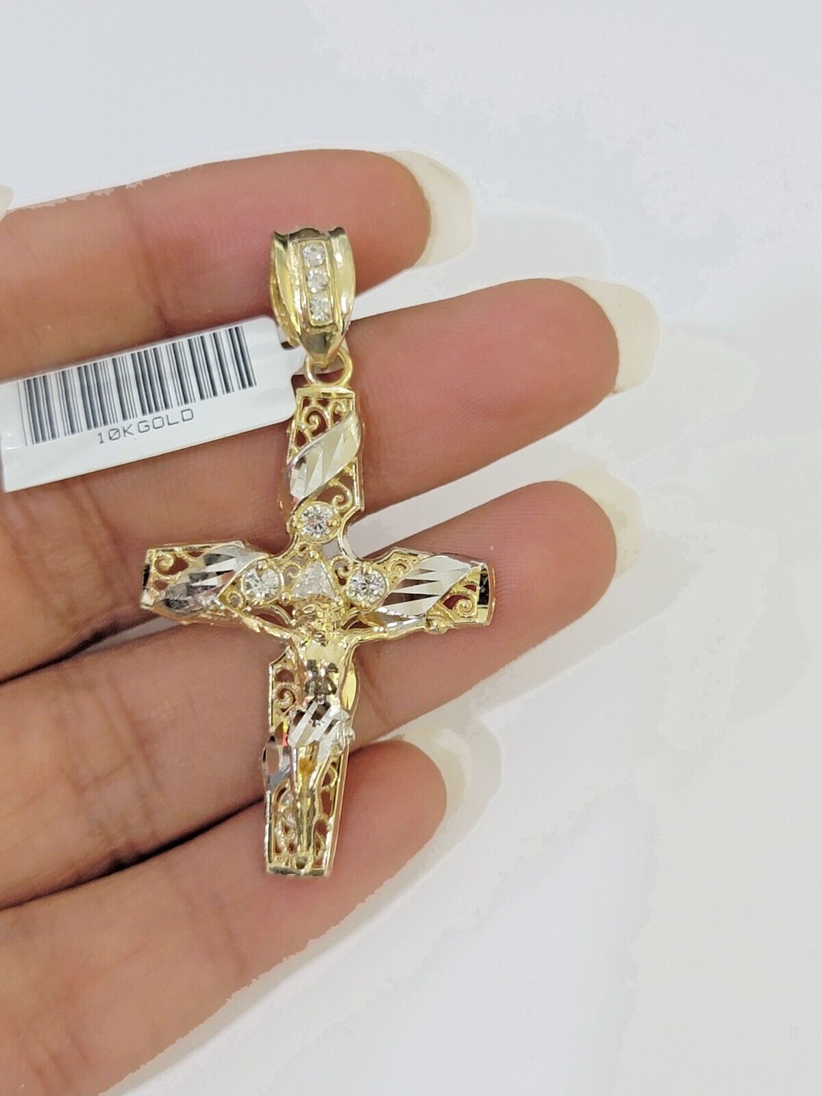 10k Yellow Gold Jesus Cross Spiral Charm pendant Diamond Cut Crucifix