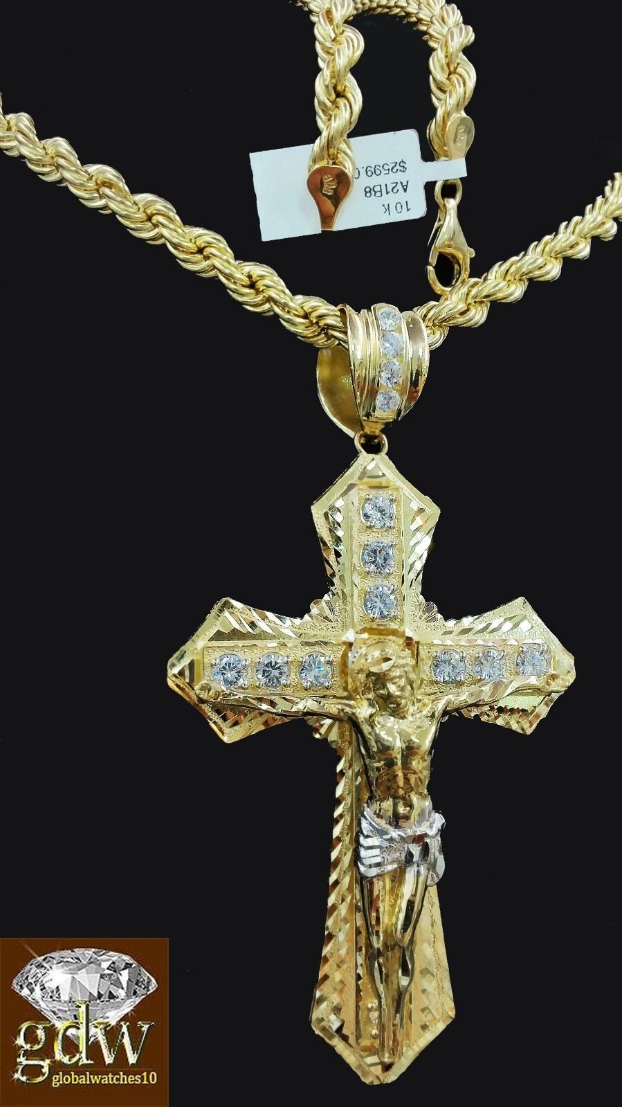 Real 10k Mens Yellow Gold Jesus Cross Charm/Pendant with 28 Inch long Rope Chain