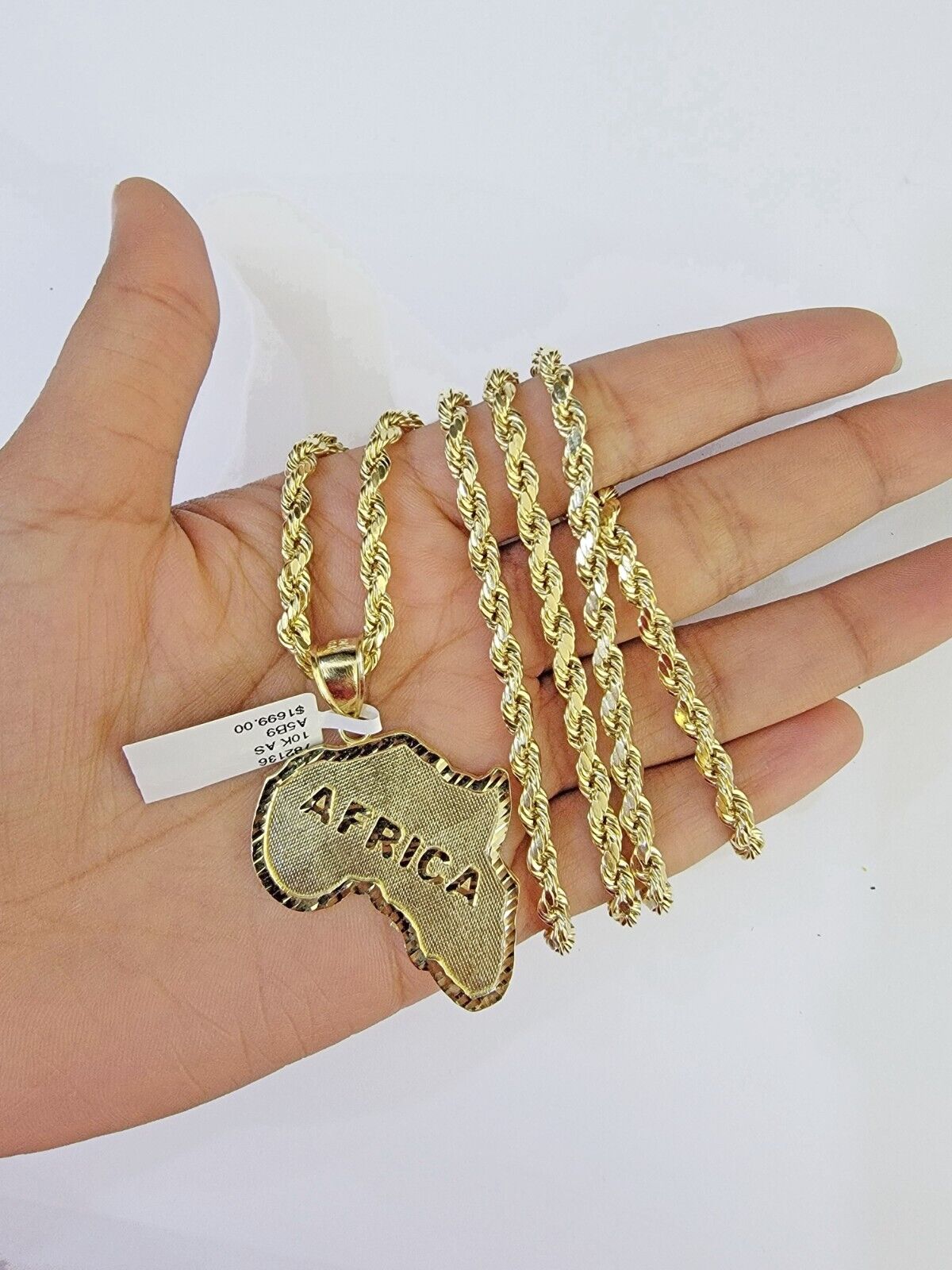 10K Gold Rope Chain African Map Charm Pendant Diamond Cut Men's Women's