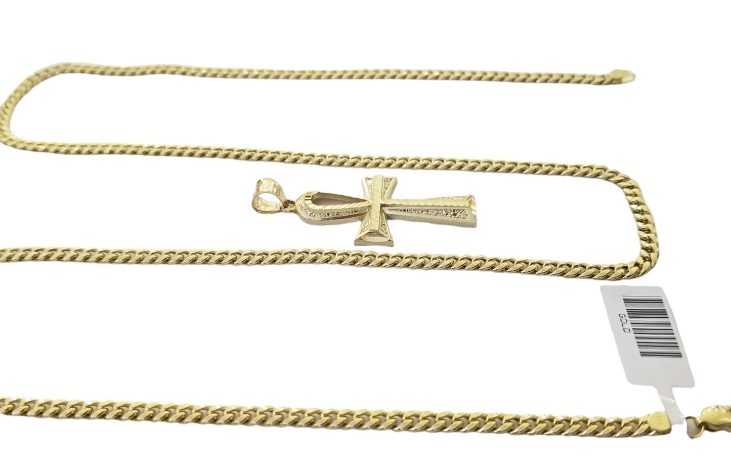 Real 10k Gold Ankh Cross Pendent 4mm Cuban Link Chain 18"20' 22" 24" 26" SET