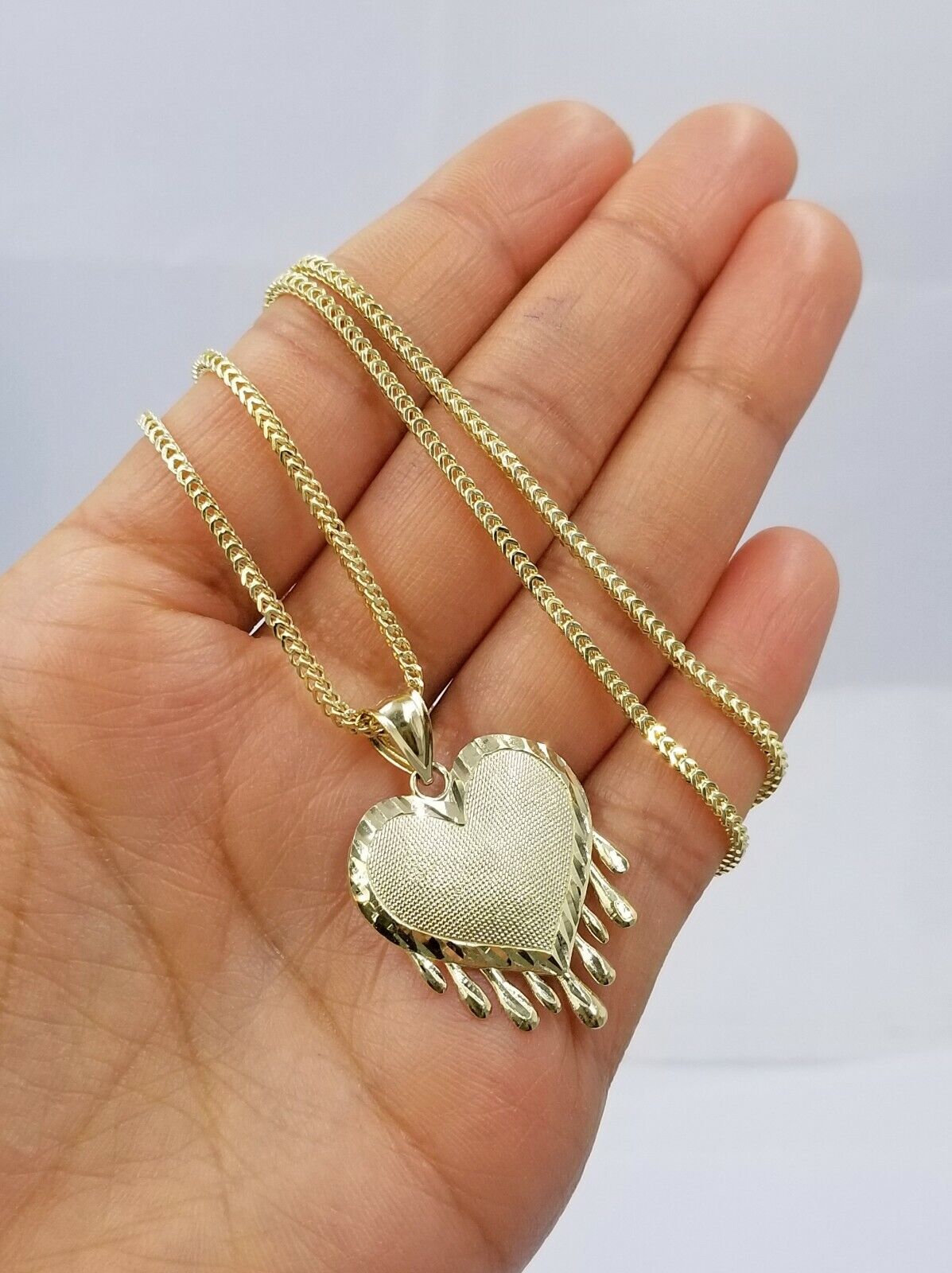 Real 10k Yellow Gold Charm Pendant Dripping heart with Franco Chain 18" 2mm