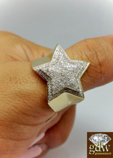 Real New 10k Yellow Gold Men's Star Shaped Casual Pinky Ring with Real Diamonds